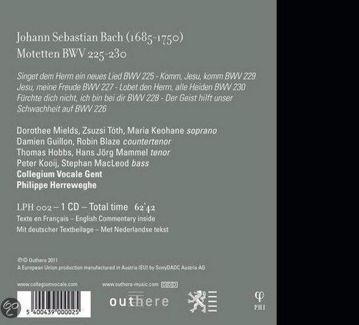 LPH950.jpg COLLEGIUM VOCALE GENT / PHILIPPE HERREWEGHE - Bach: Motetten Bwv 225-230 Vinyl Record - Image 1